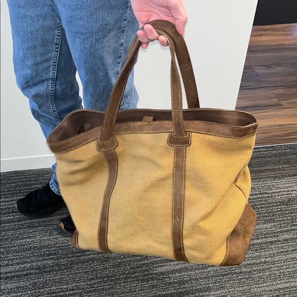 Tommy Bahama Large Tan Burlap and Brown Men's Travel Tote - Picture 14 of 16